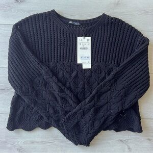 Zara black cropped crochet sweater with scalloped sleeves. NWT size S.
